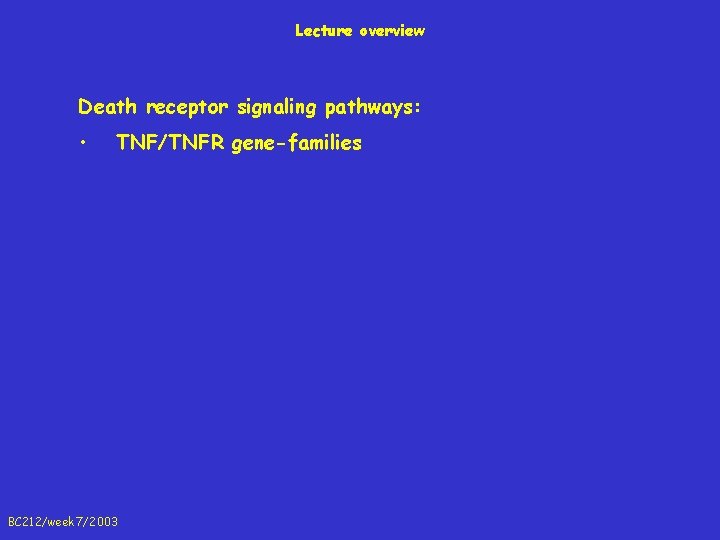 Lecture overview Death receptor signaling pathways: • TNF/TNFR gene-families BC 212/week 7/2003 