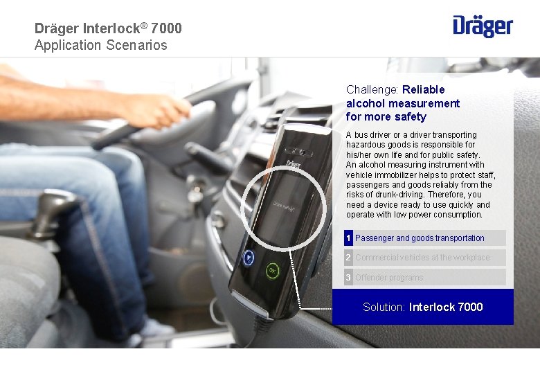 Dräger Interlock® 7000 Application Scenarios Challenge: Reliable alcohol measurement for more safety A bus