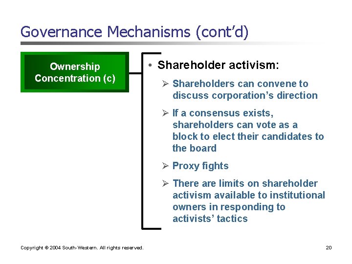 Governance Mechanisms (cont’d) Ownership Concentration (c) • Shareholder activism: Ø Shareholders can convene to
