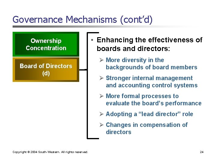 Governance Mechanisms (cont’d) Ownership Concentration Board of Directors (d) • Enhancing the effectiveness of