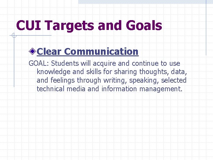 CUI Targets and Goals Clear Communication GOAL: Students will acquire and continue to use