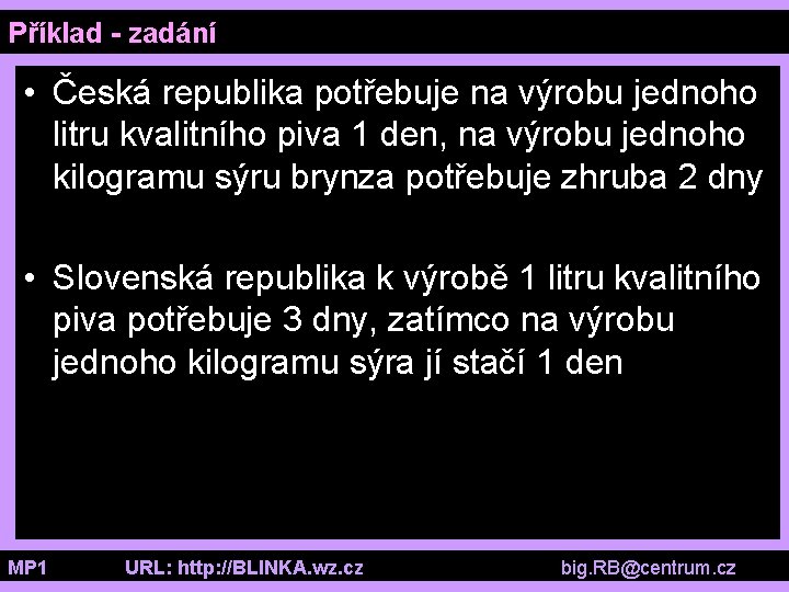 Příklad - zadání • Česká republika potřebuje na výrobu jednoho litru kvalitního piva 1