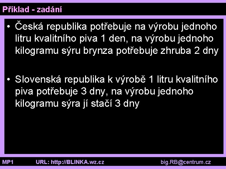 Příklad - zadání • Česká republika potřebuje na výrobu jednoho litru kvalitního piva 1