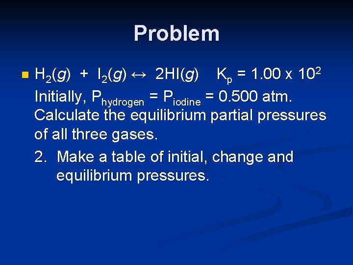 Problem n H 2(g) + I 2(g) ↔ 2 HI(g) Kp = 1. 00