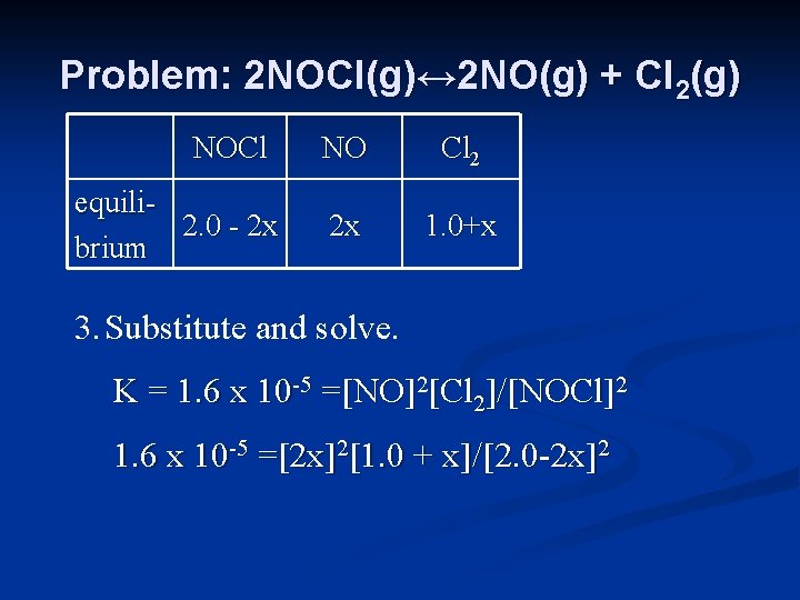 Problem: 2 NOCl(g)↔ 2 NO(g) + Cl 2(g) NOCl equili 2. 0 - 2