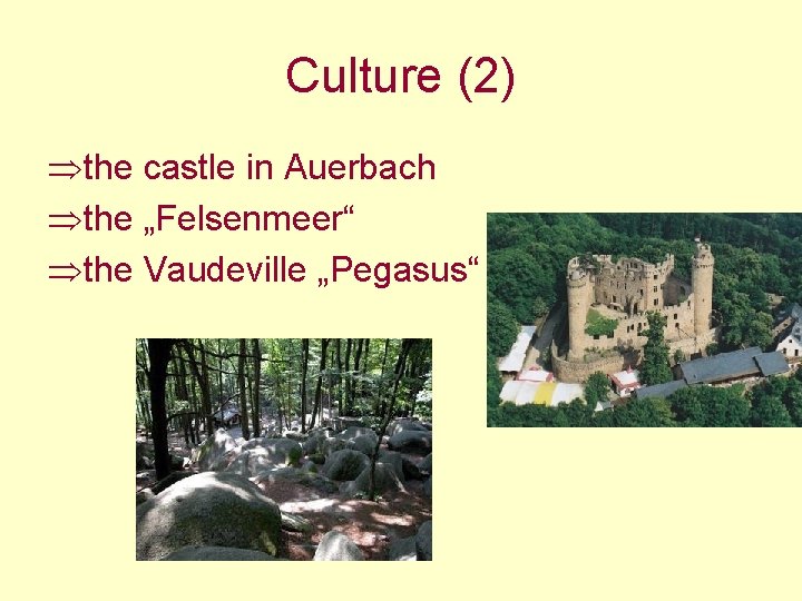Culture (2) Þthe castle in Auerbach Þthe „Felsenmeer“ Þthe Vaudeville „Pegasus“ Culture (2) Þthe castle in Auerbach Þthe „Felsenmeer“ Þthe Vaudeville „Pegasus“