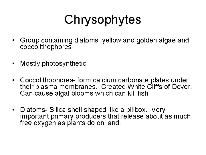 Chrysophytes • Group containing diatoms, yellow and golden algae and coccolithophores • Mostly photosynthetic