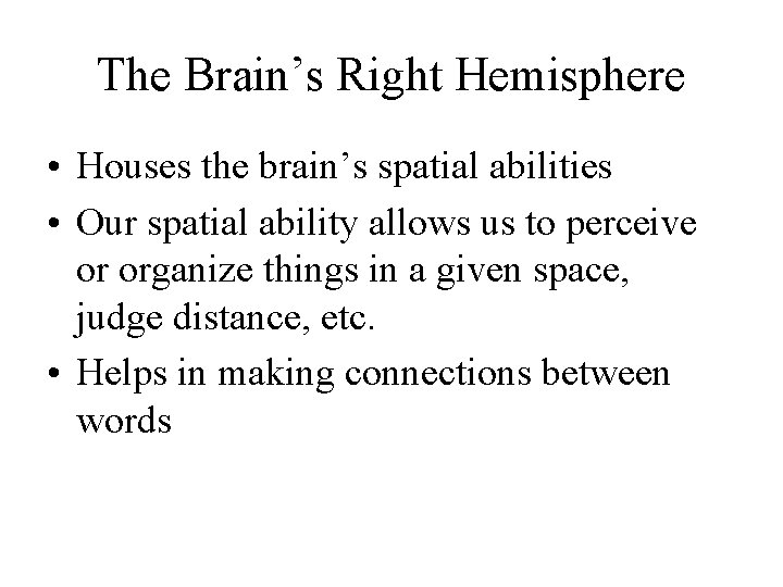 The Brain’s Right Hemisphere • Houses the brain’s spatial abilities • Our spatial ability