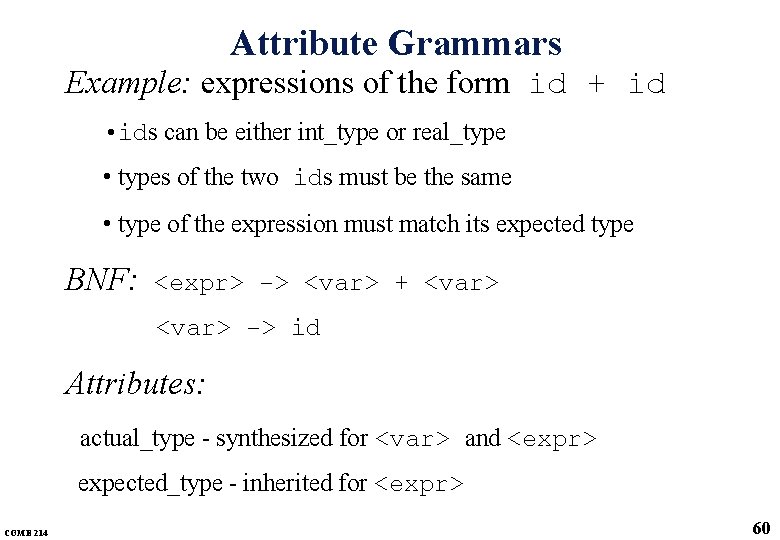 Attribute Grammars Example: expressions of the form id + id • ids can be