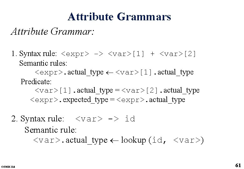 Attribute Grammars Attribute Grammar: 1. Syntax rule: <expr> -> <var>[1] + <var>[2] Semantic rules: