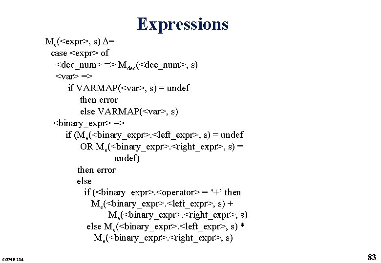 Expressions Me(<expr>, s) = case <expr> of <dec_num> => Mdec(<dec_num>, s) <var> => if