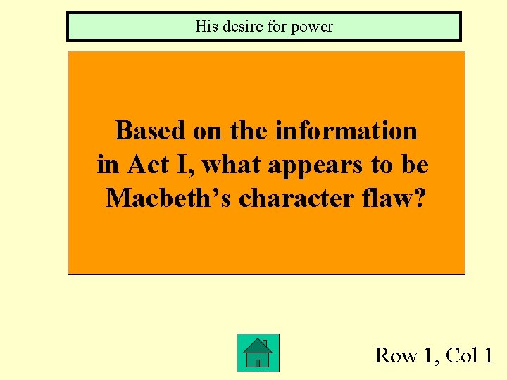 His desire for power Based on the information in Act I, what appears to