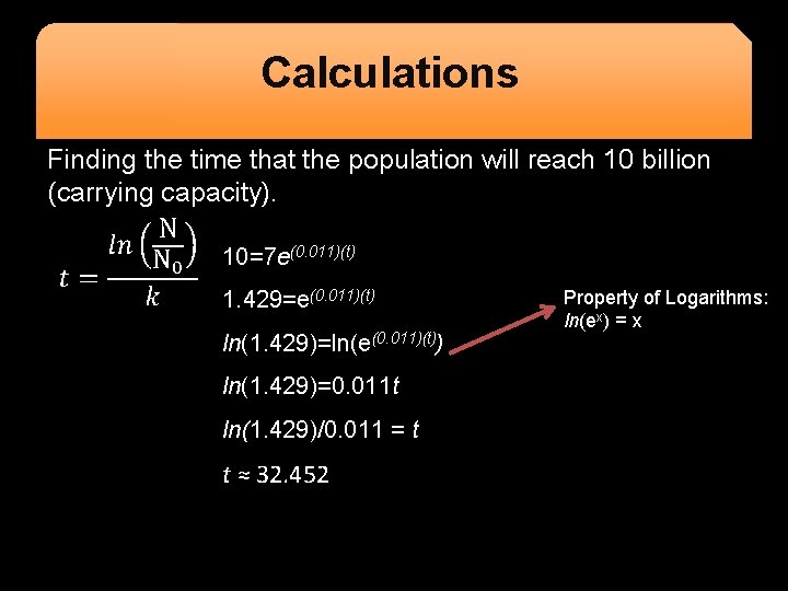 Calculations Finding the time that the population will reach 10 billion (carrying capacity). 10=7