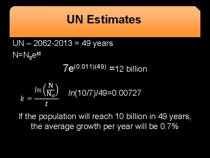UN Estimates UN – 2062 -2013 = 49 years N=N 0 ekt 7 e(0.