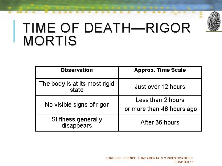 TIME OF DEATH—RIGOR MORTIS Observation Approx. Time Scale The body is at its most
