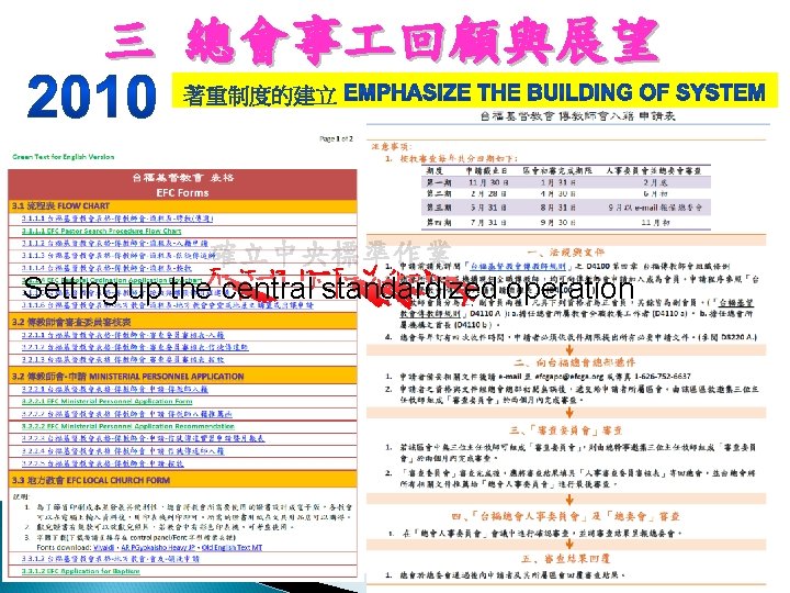 三 總會事 回顧與展望 確立中央標準作業 Setting up the central standardized operation 