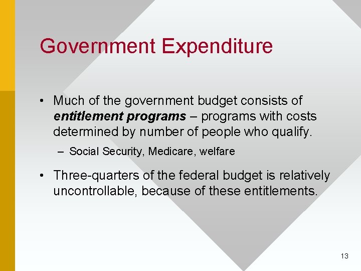 Government Expenditure • Much of the government budget consists of entitlement programs – programs