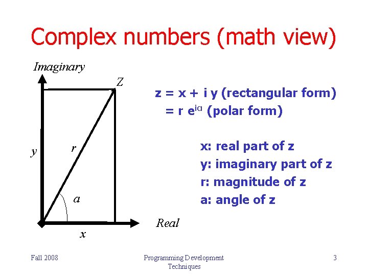 Complex numbers (math view) Imaginary Z y z = x + i y (rectangular
