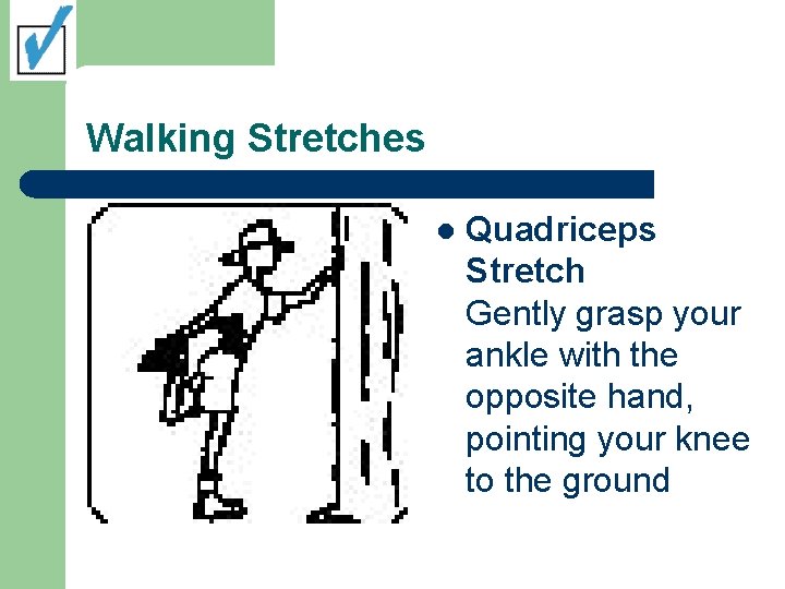 Walking Stretches l Quadriceps Stretch Gently grasp your ankle with the opposite hand, pointing