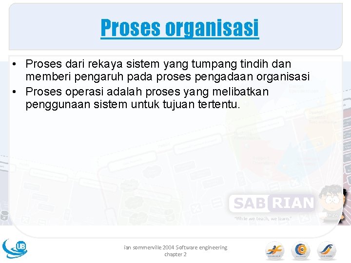 Proses organisasi • Proses dari rekaya sistem yang tumpang tindih dan memberi pengaruh pada