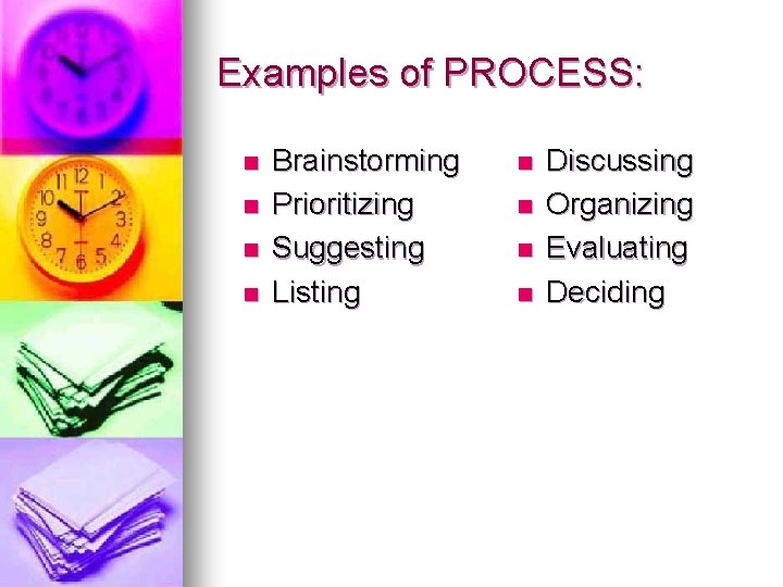 Examples of PROCESS: n n Brainstorming Prioritizing Suggesting Listing n n Discussing Organizing Evaluating