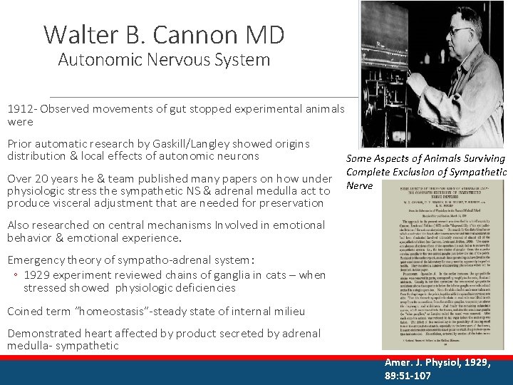 Walter B. Cannon MD Autonomic Nervous System 1912 - Observed movements of gut stopped