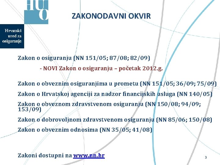 ZAKONODAVNI OKVIR Zakon o osiguranju (NN 151/05; 87/08; 82/09) - NOVI Zakon o osiguranju