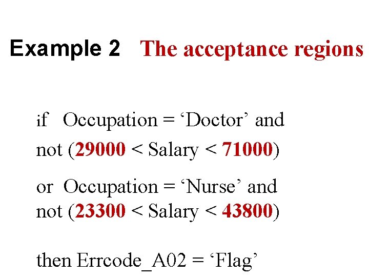 Example 2 The acceptance regions if Occupation = ‘Doctor’ and not (29000 < Salary
