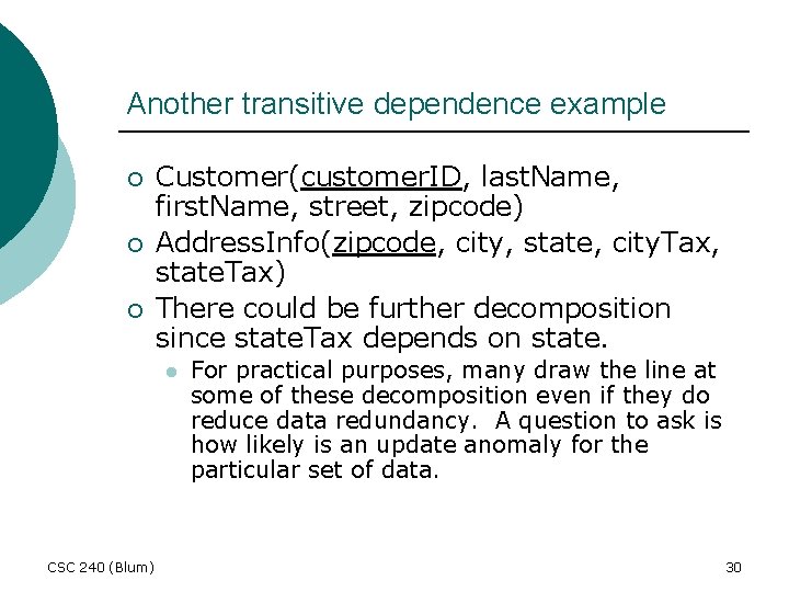 Another transitive dependence example ¡ ¡ ¡ Customer(customer. ID, last. Name, first. Name, street,