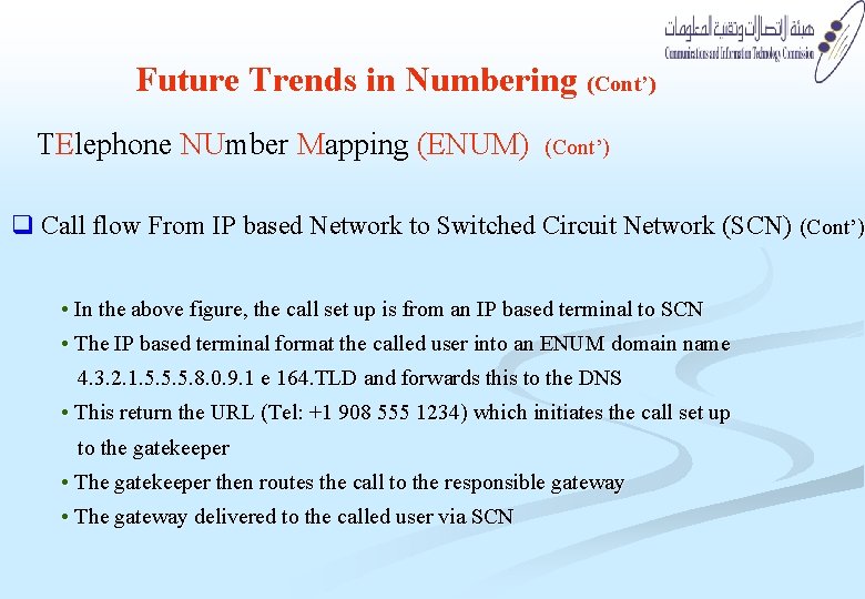 Future Trends in Numbering (Cont’) TElephone NUmber Mapping (ENUM) (Cont’) q Call flow From