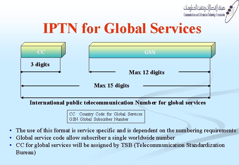 IPTN for Global Services CC GSN 3 digits Max 12 digits Max 15 digits IPTN for Global Services CC GSN 3 digits Max 12 digits Max 15 digits