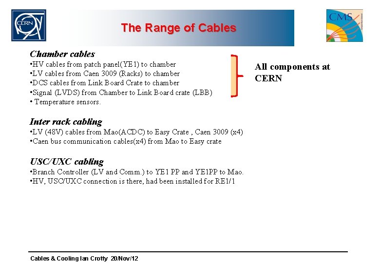 The Range of Cables Chamber cables • HV cables from patch panel(YE 1) to
