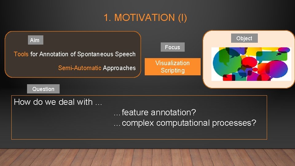 1. MOTIVATION (I) Object Aim Focus Tools for Annotation of Spontaneous Speech Semi-Automatic Approaches