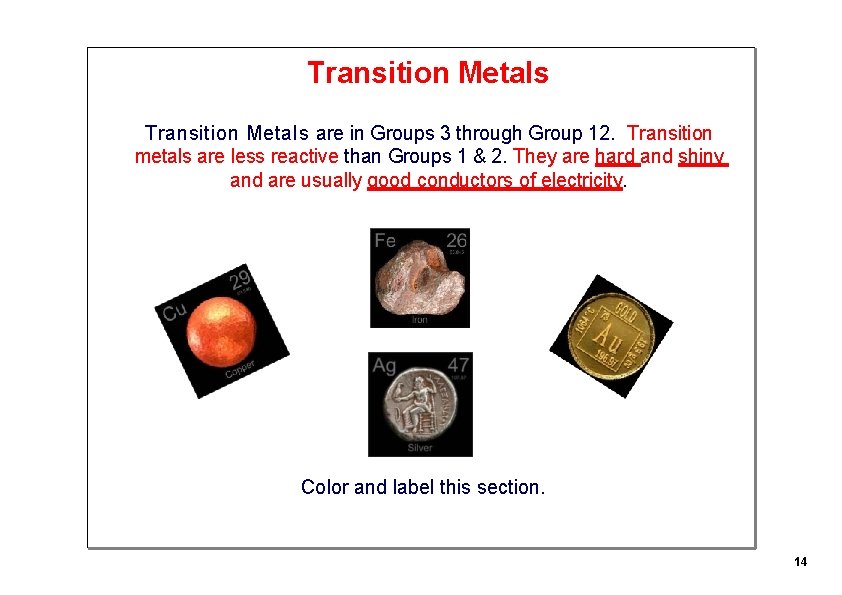 Transition Metals are in Groups 3 through Group 12. Transition metals are less reactive