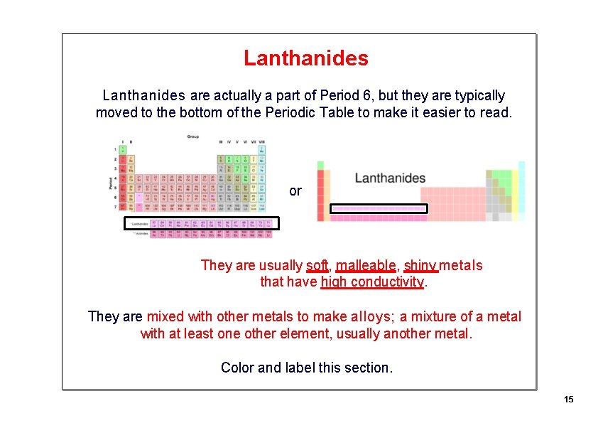 Lanthanides are actually a part of Period 6, but they are typically moved to