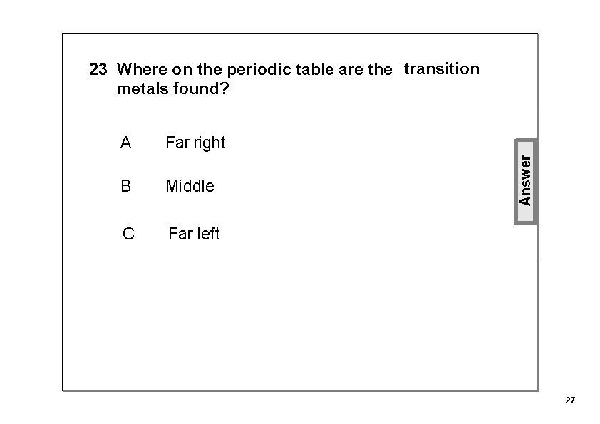 A Far right B Middle C Far left Answer 23 Where on the periodic