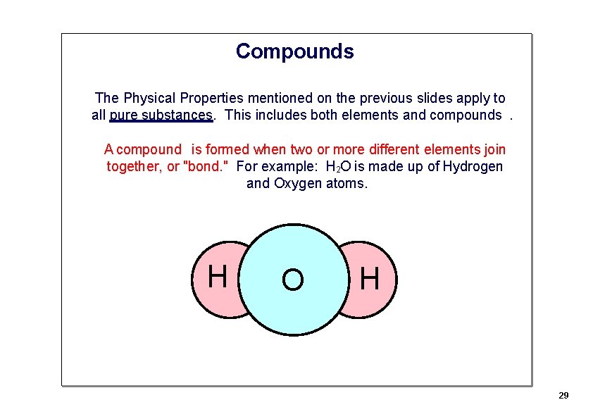 Compounds The Physical Properties mentioned on the previous slides apply to all pure substances.