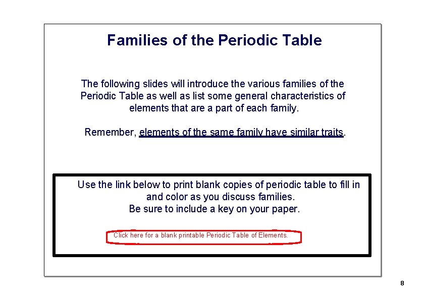 Families of the Periodic Table The following slides will introduce the various families of