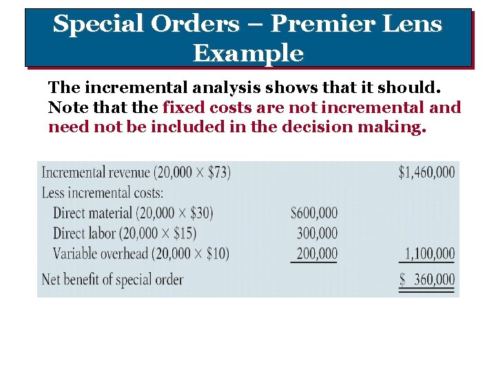 Special Orders – Premier Lens Example The incremental analysis shows that it should. Note