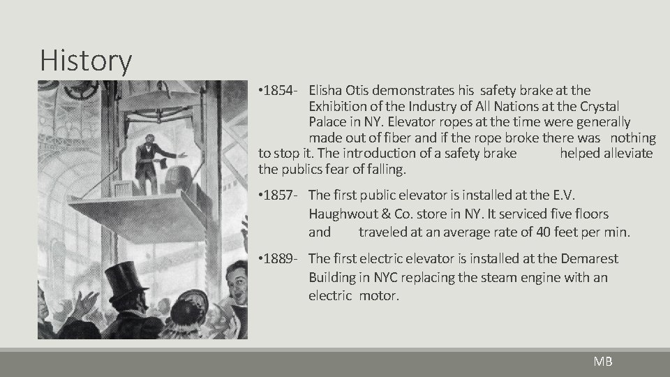 History • 1854 - Elisha Otis demonstrates his safety brake at the Exhibition of