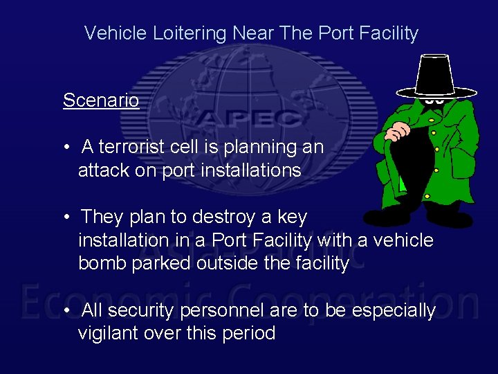 Vehicle Loitering Near The Port Facility Scenario • A terrorist cell is planning an