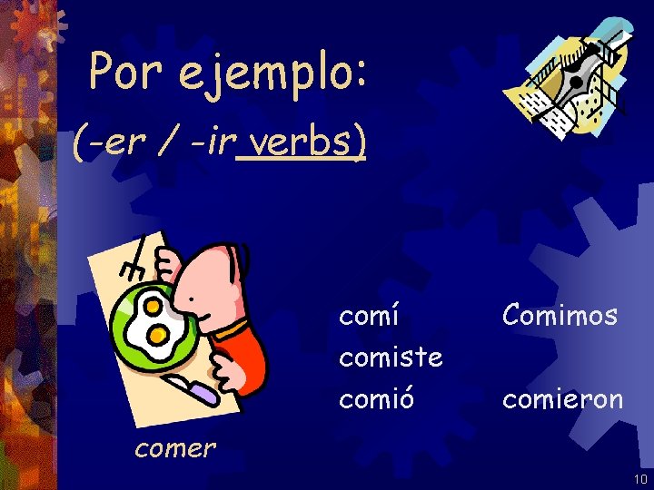 Por ejemplo: (-er / -ir verbs) comí comiste comió Comimos comieron comer 10 