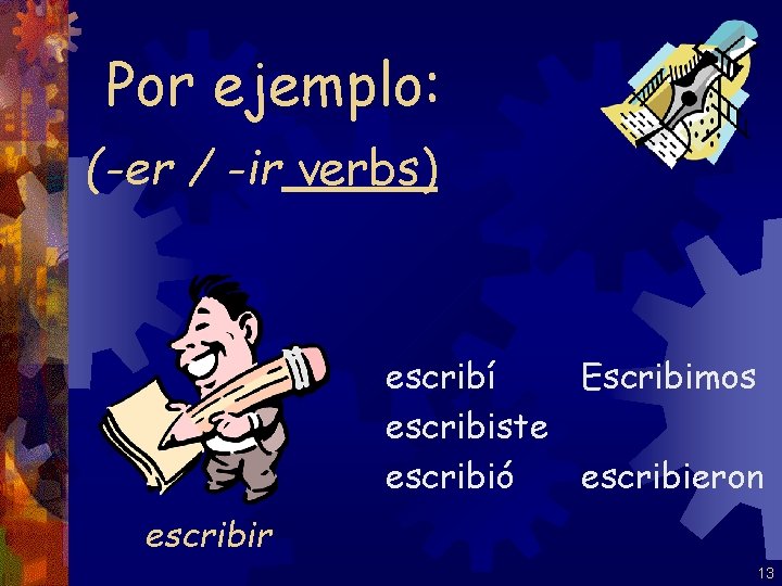 Por ejemplo: (-er / -ir verbs) escribí Escribimos escribiste escribió escribieron escribir 13 