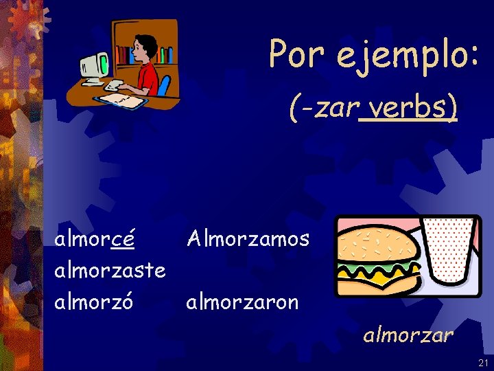 Por ejemplo: (-zar verbs) almorcé Almorzamos almorzaste almorzó almorzaron almorzar 21 