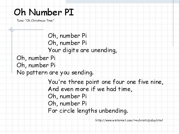 Oh Number PI Tune: “Oh Christmas Tree” Oh, number Pi Your digits are unending,