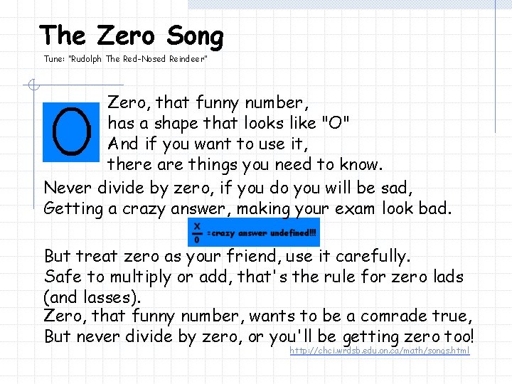 The Zero Song Tune: “Rudolph The Red-Nosed Reindeer” Zero, that funny number, has a