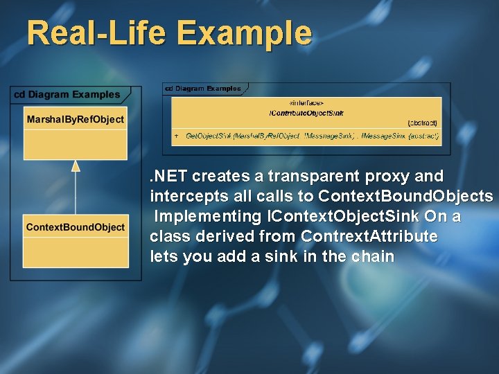 Real-Life Example . NET creates a transparent proxy and intercepts all calls to Context.