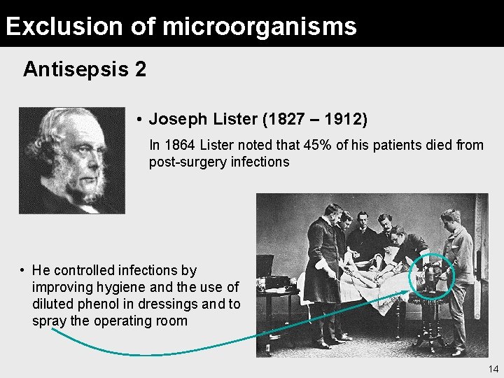 Exclusion of microorganisms Antisepsis 2 • Joseph Lister (1827 – 1912) In 1864 Lister