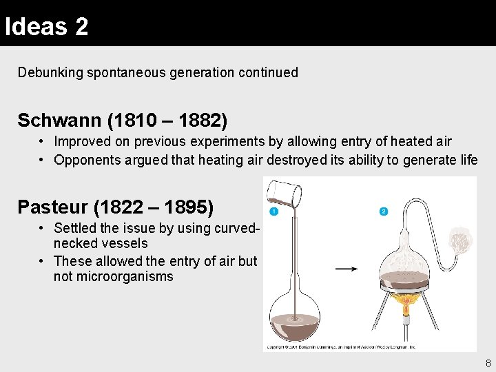 Ideas 2 Debunking spontaneous generation continued Schwann (1810 – 1882) • Improved on previous