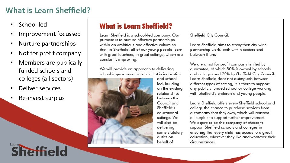 What is Learn Sheffield? School-led Improvement focussed Nurture partnerships Not for profit company Members